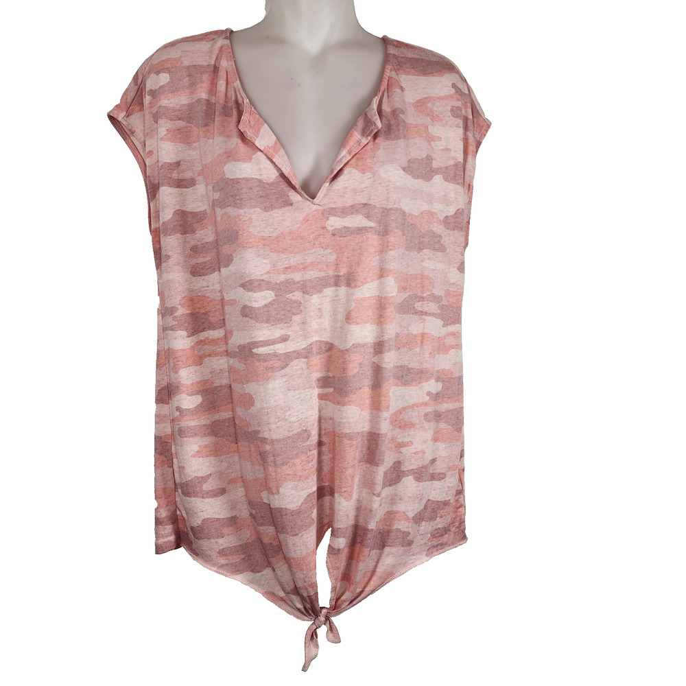 Lucky Brand Women Tee Large Camo Tie Front Pink Knit V Neck Short Cap Sleeve